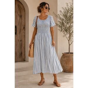 Roolee Smocked Bodice Midi Dress Blue Stripe Cottagecore Summer M